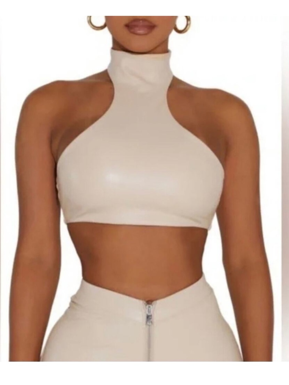 NWT naked wardrobe good faux leather beige high neck crop top